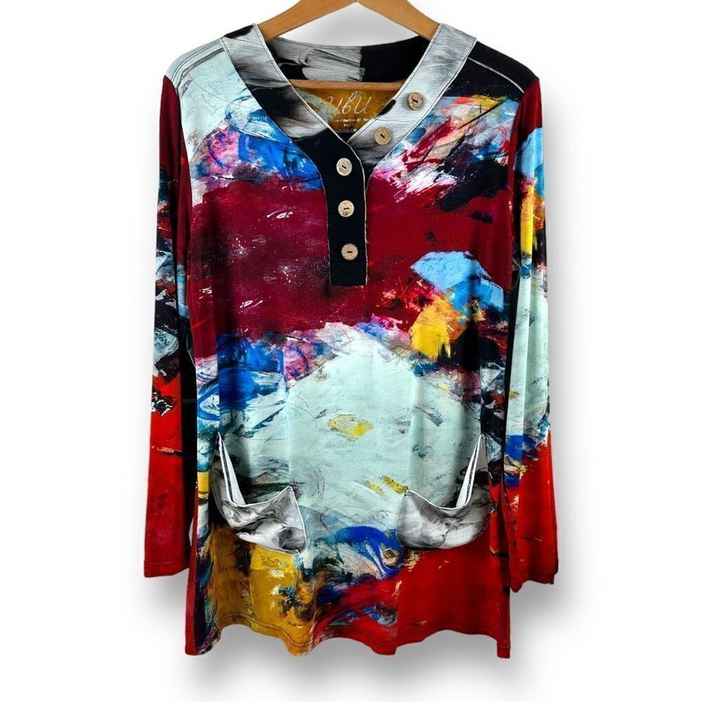 Ubu Women Multi Color Abstract Art Print‎ Bamboo Rayon Henley Tunic Top Size M